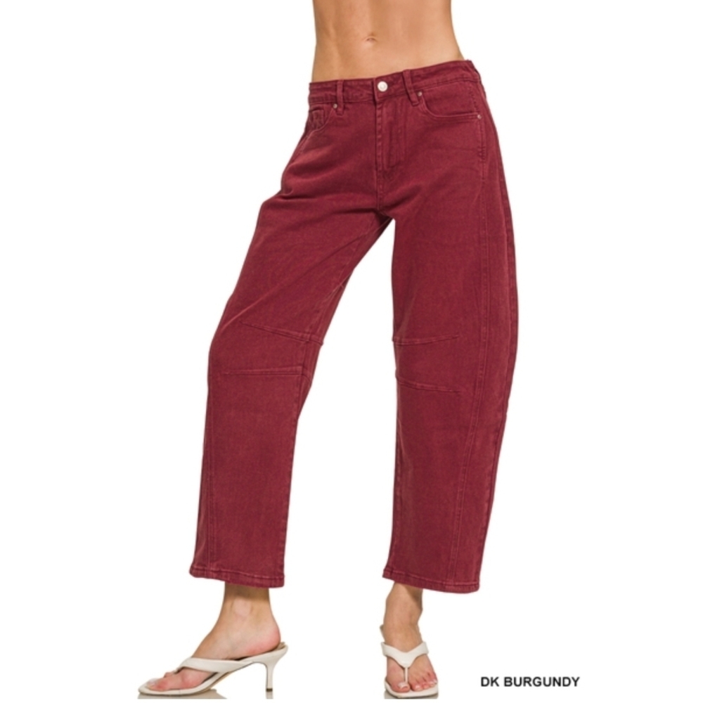 Z3 DK BURGUNDY Zenana Barrel-Leg Color Denim Pants Various Sizes
